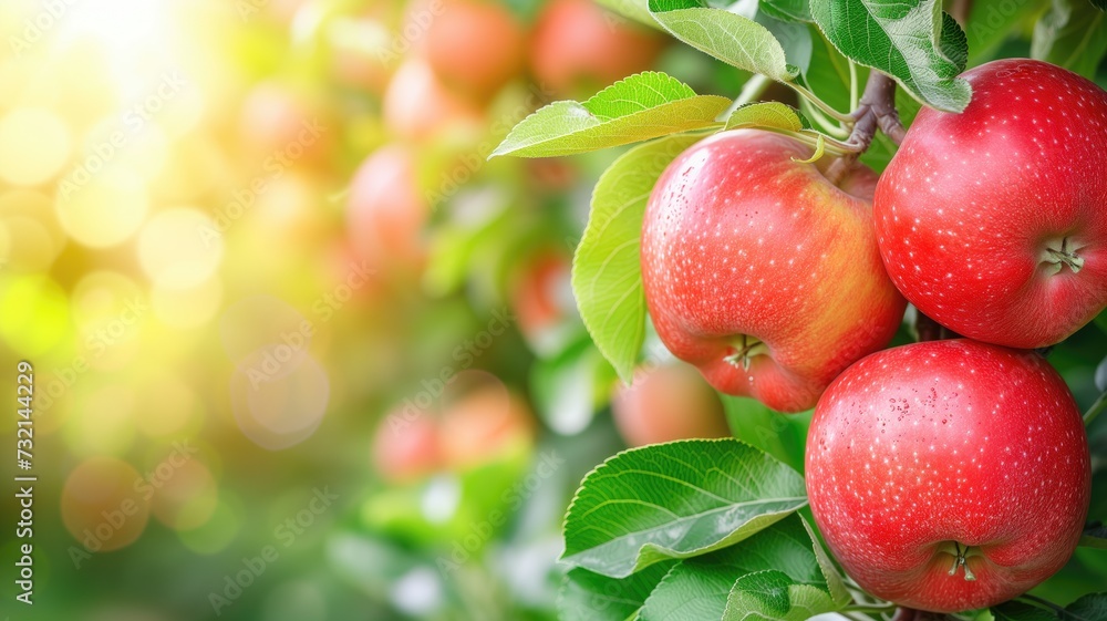 Obraz premium Vibrant red apples with water droplets, hanging from a tree branch, with a blurred green background