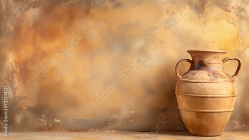 A classic terracotta amphora on a rustic golden background, evoking a sense of antiquity and the simplicity of ancient pottery techniques