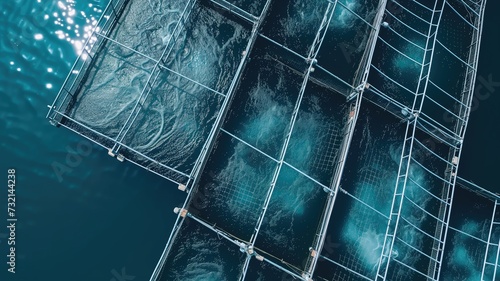 Overhead view of a fish farming grid on a deep blue sea, highlighting aquaculture and sustainable food production