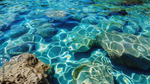 Crystal clear turquoise waters over a sandy sea bed, illuminated by sunlight, exemplifying a pristine aquatic environment
