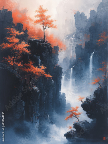  Japanese maple trees grace cascading heights in a tranquil crevice  softly illuminated  blending Impressionism with Traditional Chinese Ink. Perfect for Art Prints  Social media  Blog  Greeting Cards