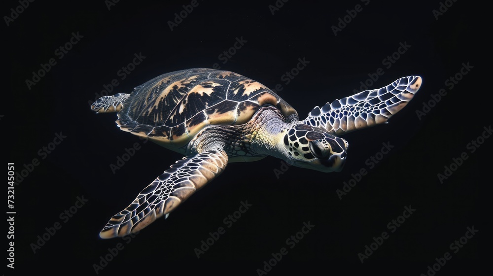Fototapeta premium Hawksbill Sea Turtle in the solid black background
