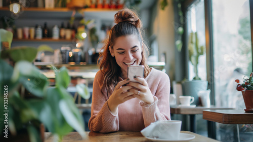Mulher feliz e rindo usando o celular em um café photo