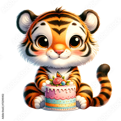 Cute watercolor animal character with birthday cake for birthday party clipart for decoration of tiger
