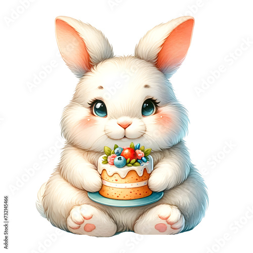 Cute watercolor animal character with birthday cake for birthday party clipart for decoration of rabbit