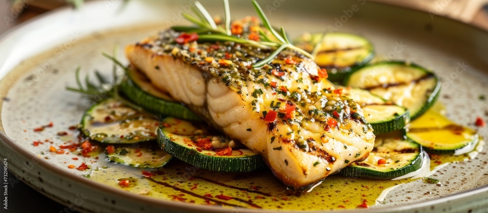 A delicious seafood dish consisting of fried fish and zucchini garnished with fines herbes on a table. A delicious seafood dish consisting of fried fish and zucchini garnished with fines herbes on a table.