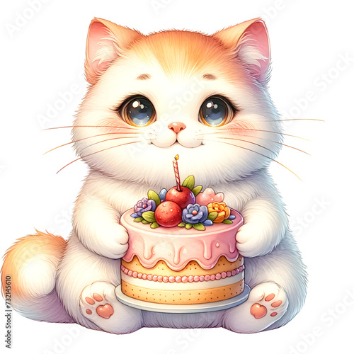 Cute watercolor animal character with birthday cake for birthday party clipart for decoration of cat