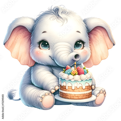 Cute watercolor animal character with birthday cake for birthday party clipart for decoration of elephant