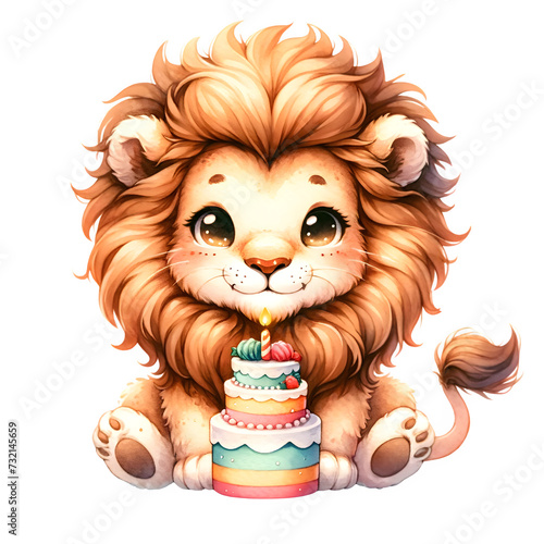 Cute watercolor animal character with birthday cake for birthday party clipart for decoration of lion