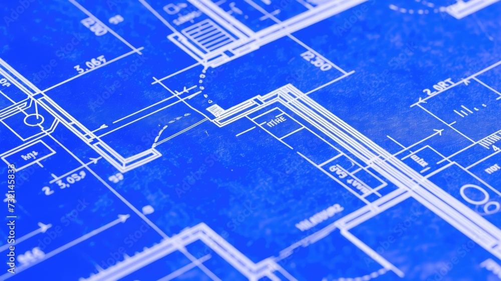 Close-up of a detailed architectural blueprint with blue tones and white lines showing intricate design work