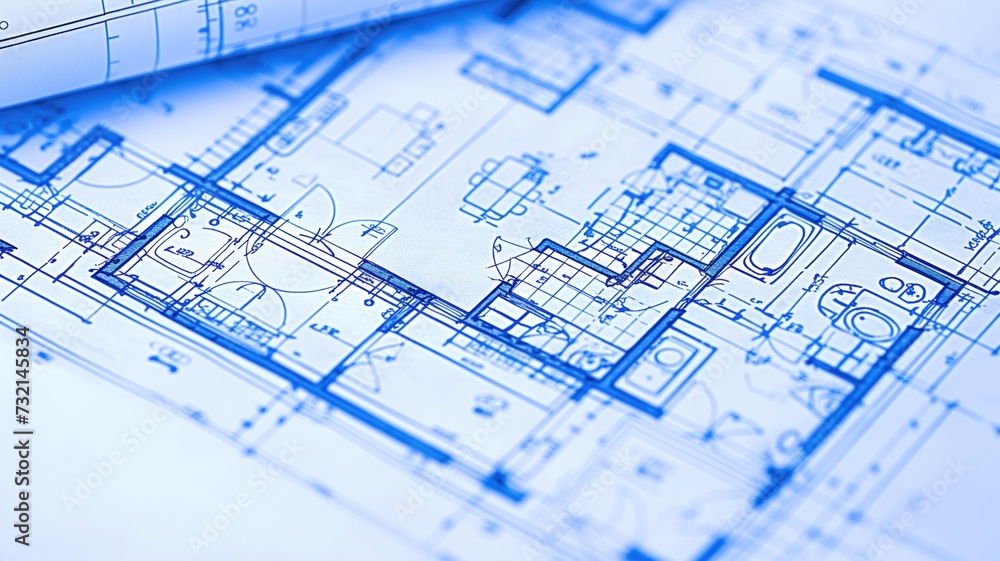 An architectural blueprint featuring detailed floor plans for a building, highlighted in blue with various room layouts and design elements visible