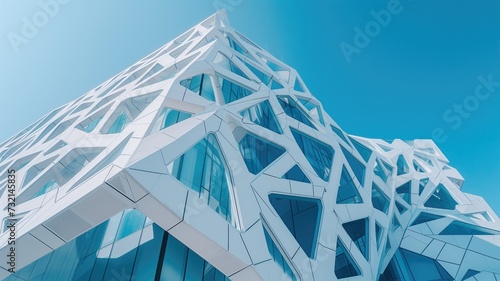Modern abstract building with a dynamic white exoskeleton structure against a clear blue sky