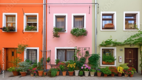 A vibrant facade of two adjacent houses  one orange and one pink  decorated with numerous potted plants and flowers in front of the windows and door