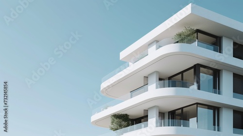 Fotografija Minimalist white modern architecture with sweeping balconies and clean lines aga