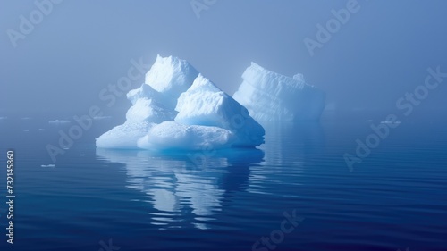 Majestic icebergs floating in a tranquil blue ocean, with a soft fog in the background, illustrating the cold beauty and solitude of the Arctic