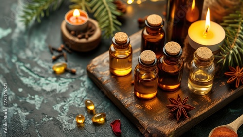 Cozy aromatherapy setup with essential oil bottles  candles  and spices on a wooden tray