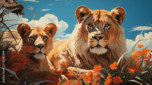 two lions - one in front and one behind - among bushes with orange flowers against a blue sky with clouds.