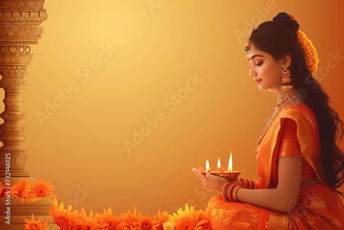 Indian woman in red mekhla holding religious offering on orange background with copy space. Ugadi or Gudi Padwa celebration. Indian festival Diwali. Hindu New Year. Religion and ethnic concept photo