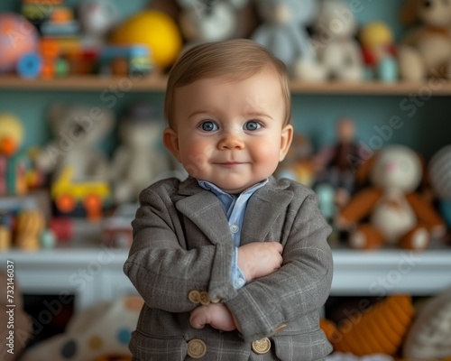 A.I. image of a cute baby dressed as businessman, smiling in front of a lot of toys