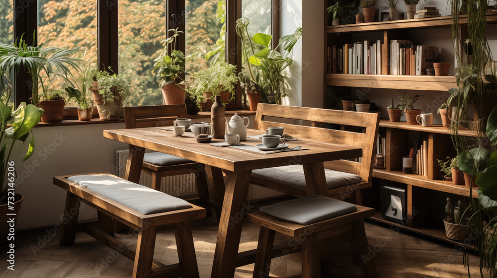 A cozy breakfast nook with a wooden table and benches by the window overlooking the fall trees.