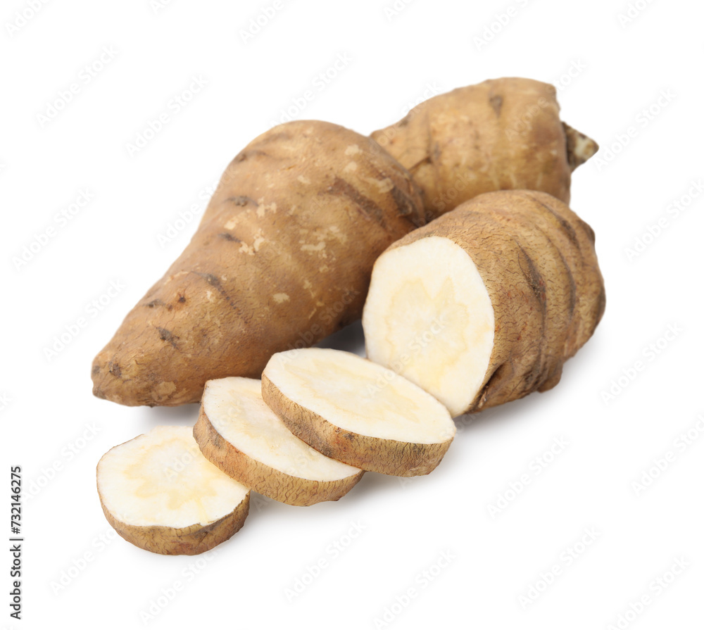 Whole and cut turnip rooted chervil tubers isolated on white