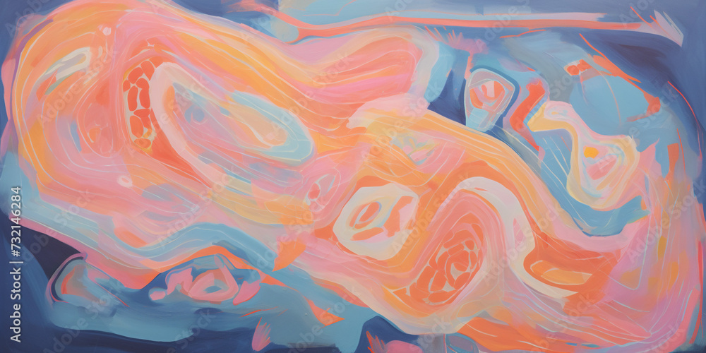 Fototapeta premium Abstract pastel vibrant colors gouache paint flow, swirl and splatter texture pattern background. Dynamic composition of shapes, modern art painting wallpaper backdrop