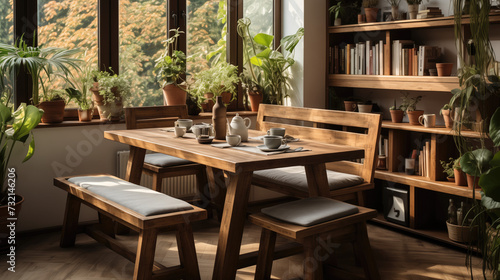 A cozy breakfast nook with a wooden table and benches by the window overlooking the fall trees.