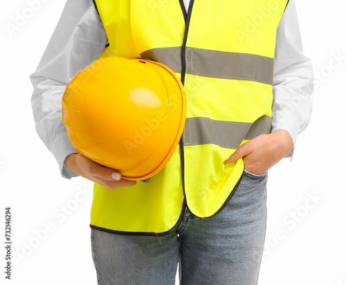 Engineer with hard hat on white background, closeup