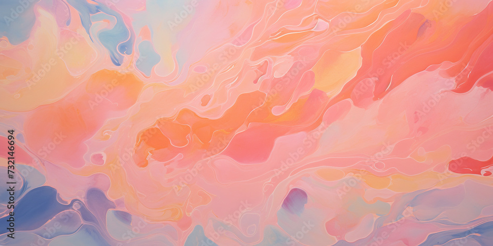 Abstract pastel vibrant colors gouache paint flow, swirl and splatter texture pattern background. Dynamic composition of shapes, modern art painting wallpaper backdrop