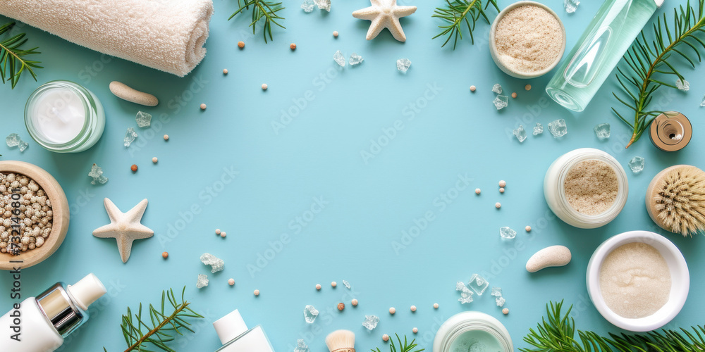 Top view flat lay spa cosmetics on blue background Top view flat lay spa cosmetics on blue background