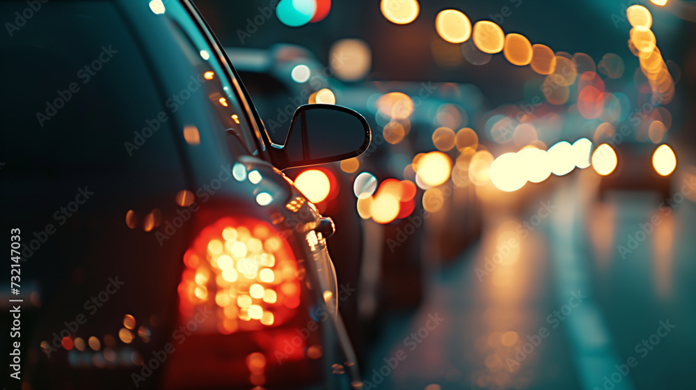 Rear views of cars and colorful abstract bokeh from city streetlights during a traffic jam.