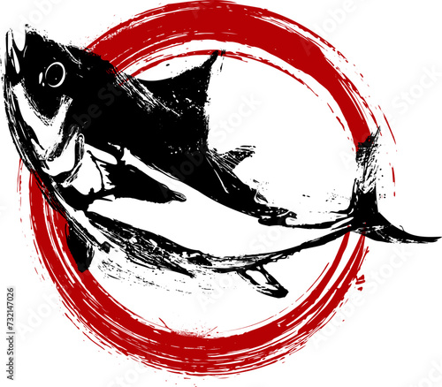 かすれたマグロと丸の墨絵マーク