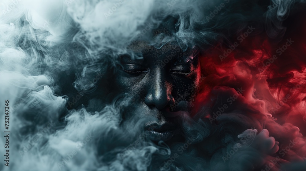 A mystic portrait of a person with dark skin enveloped in swirling white and red smoke against a black background A mystic portrait of a person with dark skin enveloped in swirling white and red smoke against a black background