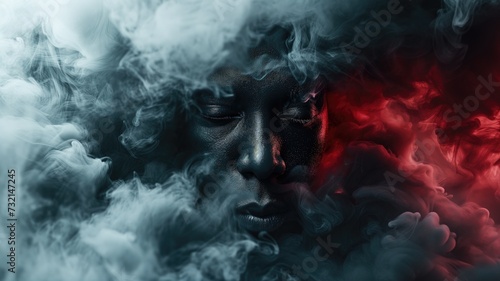 A mystic portrait of a person with dark skin enveloped in swirling white and red smoke against a black background