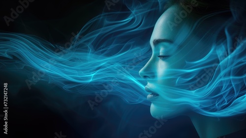 A profile of a woman surrounded by flowing blue lines, symbolizing calmness or wind