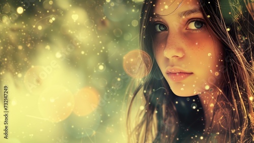 Young woman with green eyes surrounded by sparkling lights and bokeh effect, conveying a magical atmosphere