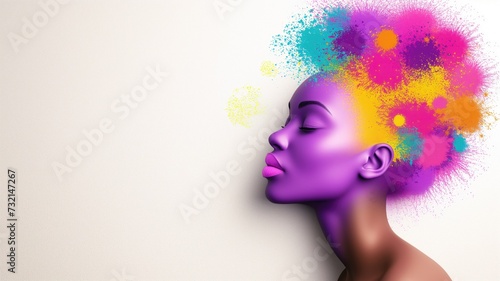 Digital art of a woman's profile with purple skin and a vibrant, multicolored paint splash as hair