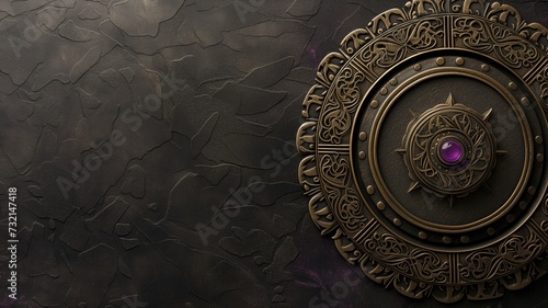 An intricate  ornate circular emblem with a central purple gem on a textured dark background