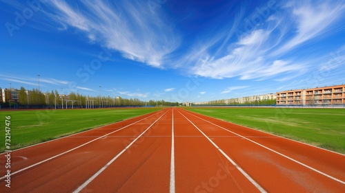 Wide-angle view of a bright athletic track and field with a clear blue sky and wispy clouds above