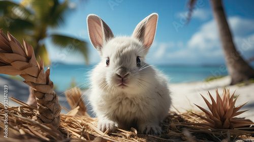 Portrait of a white rabbit on the sea beach
