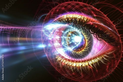 Human Cyborg AI Eye universe. Eye futurism optic nerve lens small incision lenticule extraction color vision. Visionary iris opponent process theory sight color vision treatment eyelashes