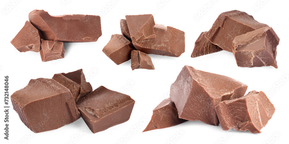 Pieces of tasty chocolate isolated on white, set Pieces of tasty chocolate isolated on white, set