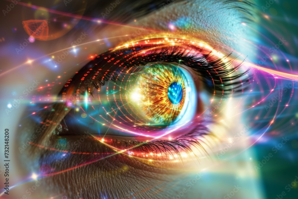 Human Cyborg AI Eye optic nerve inflammation. Eye energy optic nerve lens achromatopsia color vision. Visionary iris corneal ulcer sight Intraocular pressure lowering eye drop eyelashes