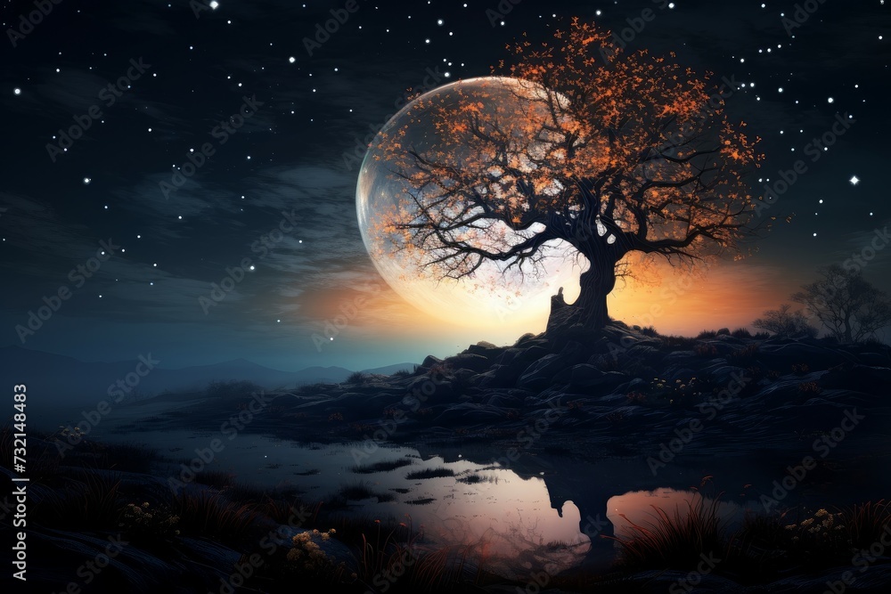Fototapeta premium Serene Moon meadow tree. Dark star. Generate Ai