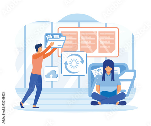 File sharing concept. men and women transfer files in encrypted form, transfer documentation. flat vector modern illustration 