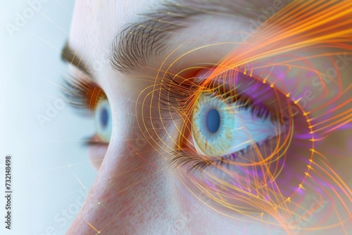 Human Cyborg AI Eye design. Eye optic nerve regeneration optic nerve lens concept color vision. Visionary iris descemet membrane endothelial keratoplasty sight accommodation eyelashes