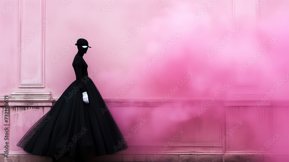 Silhouette of a woman in black dress against pink wall Silhouette of a woman in black dress against pink wall