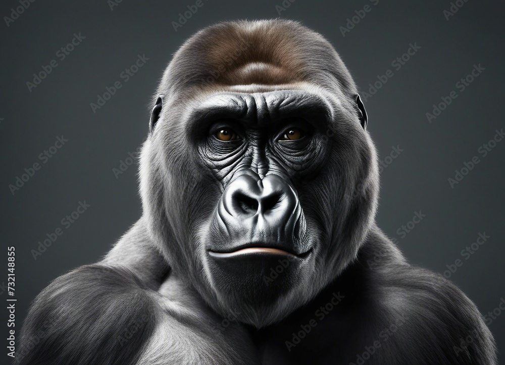 Portrait of a gorilla on a gray background. Studio shot. Portrait of a gorilla on a gray background. Studio shot.