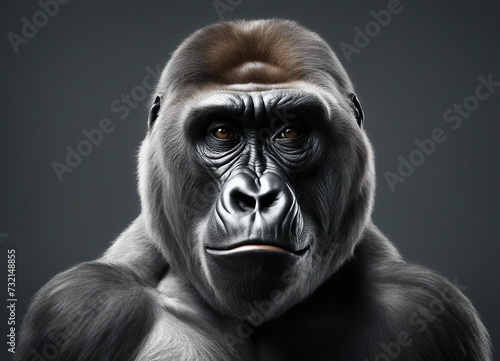 Portrait of a gorilla on a gray background. Studio shot.