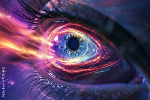 Human Cyborg AI Eye Combination glaucoma eye drop. Eye nebula optic nerve lens outer retinal function color vision. Visionary iris Cycloplegic eye drop sight interpretation eyelashes © Leo